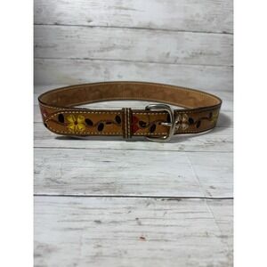 Bona Allen Tooled Leather Belt 34 Hand Painted Floral Western USA Equestrian
